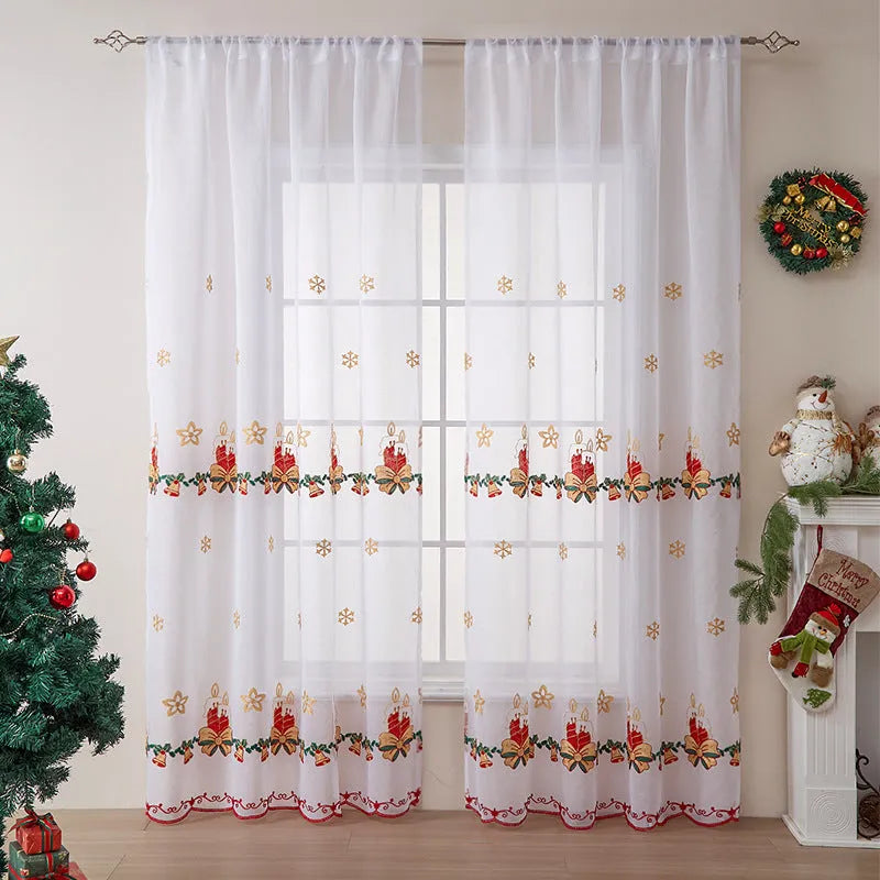Pair of white Christmas curtains with embroidered snowflake design, semi-sunshade fabric for light control.