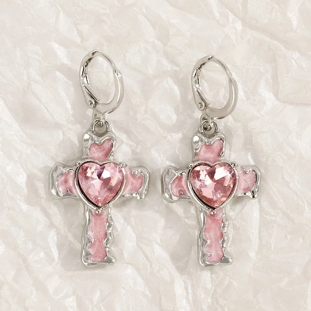 Women's geometric cross earrings with dripping oil treatment on 1.5cm pendant