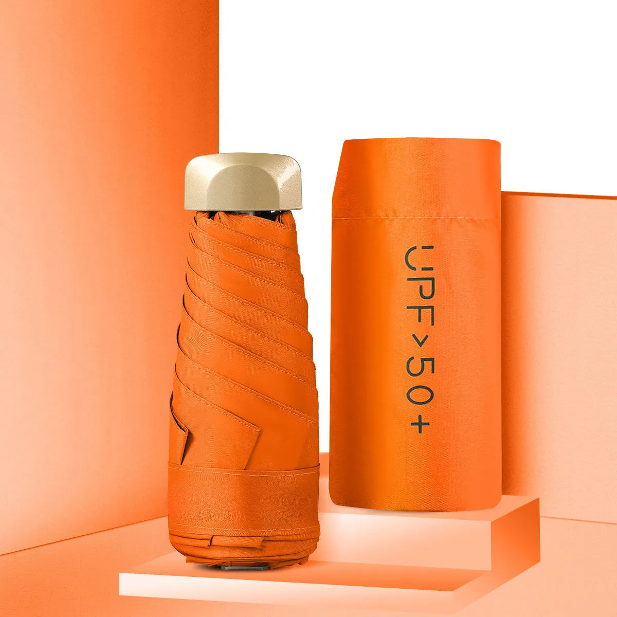 Five-fold pocket sun umbrella open showing 50cm diameter canopy in choice of 11 colours
