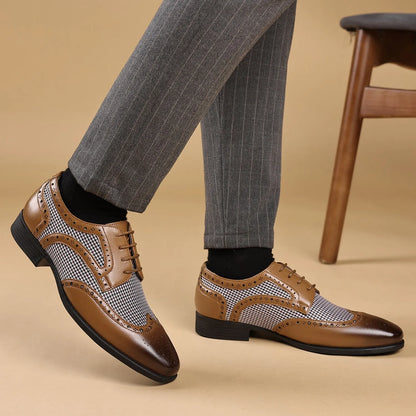 Men's imitation houndstooth casual leather shoes with canvas upper and rubber sole in black colour