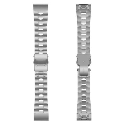 Garmin Jiaming Fenix replacement strap showing silver, black, and titanium colour options with 22mm and 26mm width measurements