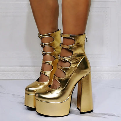 Waterproof platform high heels with serpentine belt closure in black patent leather, showing 5cm heel and round toe design.