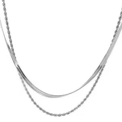 Women's adjustable double-layer twist necklace with titanium steel geometric pendant on snake bones chain, showing 21-50cm length range