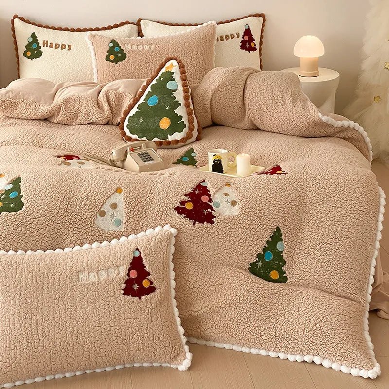 Bright yellow Christmas tree bedding set with fleece lining, embroidery detail, and complete four-piece configuration for winter warmth