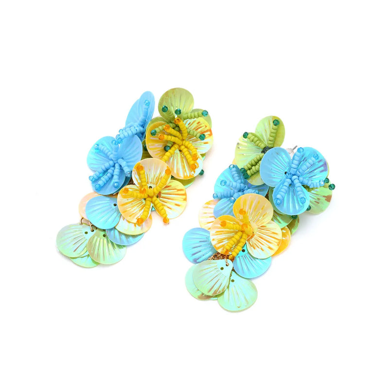European and American exaggerated dopamine handmade string bead flower earrings: colourful mixed-material floral designs with hypoallergenic nickel-free hooks for women's fashion accessories