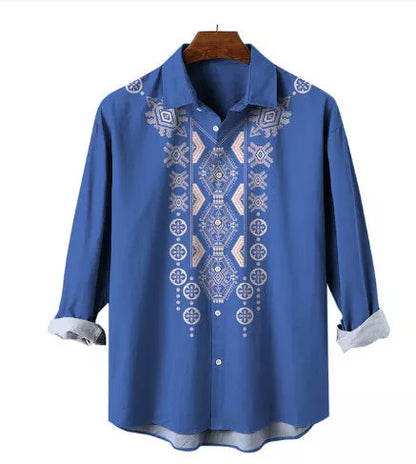 Men's casual long sleeve shirt with unique totem print, available in multiple colors and sizes.