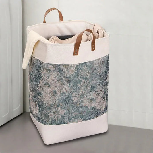 Fabric storage box in misty blue flowers pattern, dimensions 35x35x55cm, for organising clothes and quilts