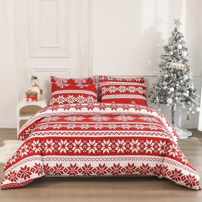 Red Winter Sleepers patterned three-piece bed set with quilt cover and pillowcases on a bed.