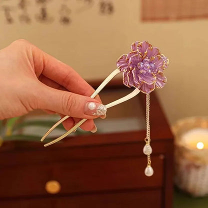 Purple and white peony flower U-shaped hairpin with tassel detailing on alloy barrette