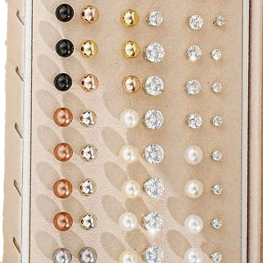 108-piece alloy earrings set with geometric shapes and round pearl elements in gold and yellow electroplated finish