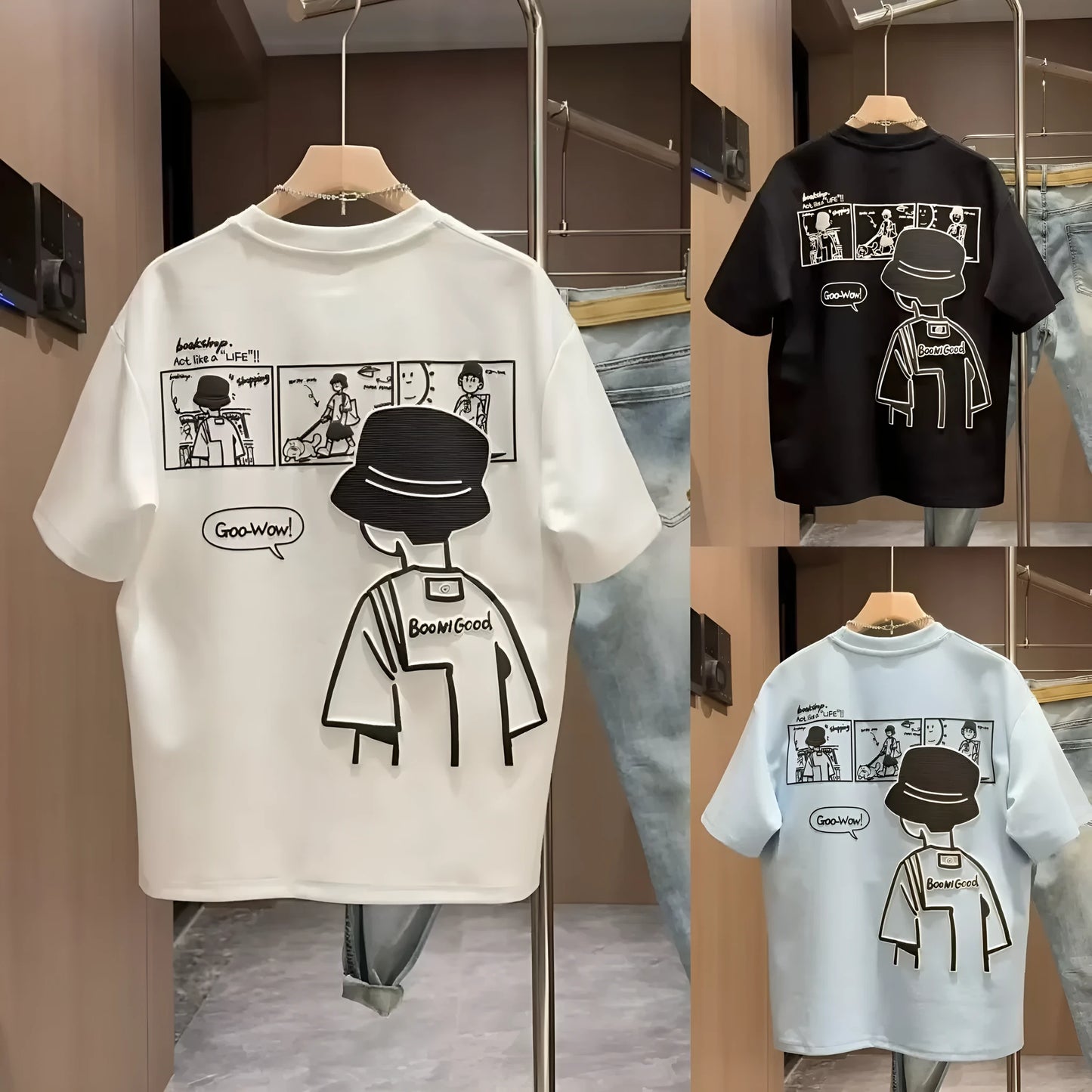 Men's black cotton short sleeve t-shirt with a cartoon print, showing crew neck and straight cut.