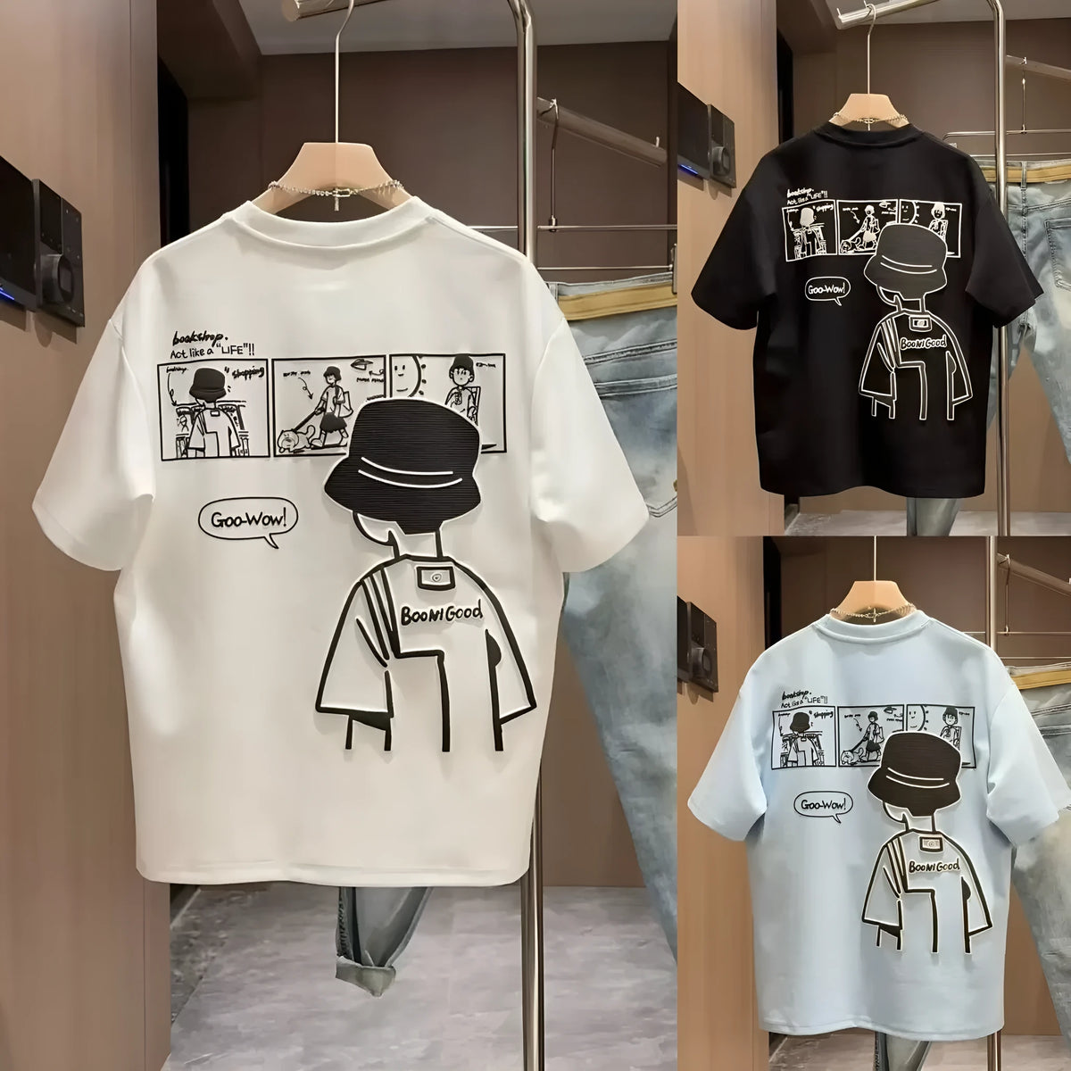 Men's black cotton short sleeve t-shirt with a cartoon print, showing crew neck and straight cut.