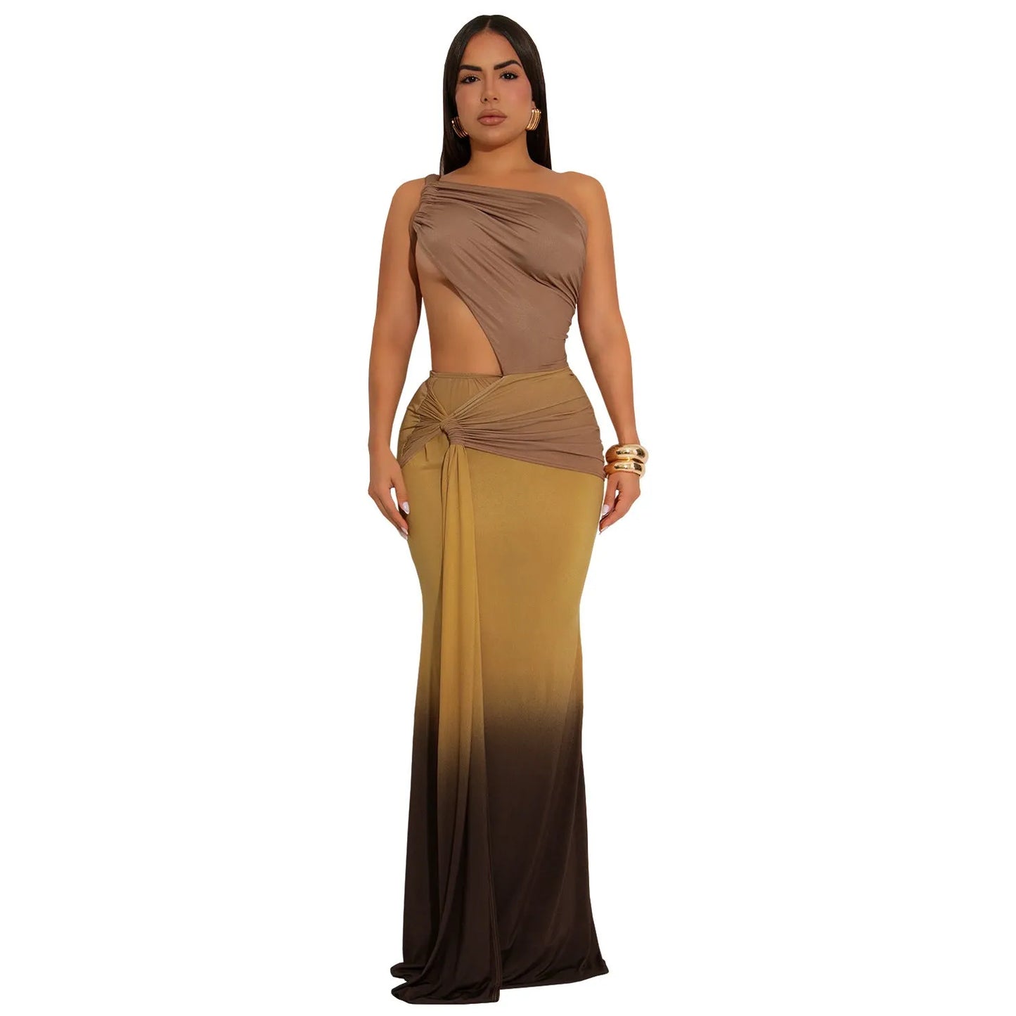 Women's gradient colour cross-shoulder dress with high waist and long skirt in green, red, or brown