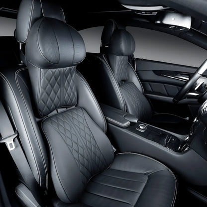 Car neck pillow and lumbar support set in leather-embossed polyester with wavy pattern design