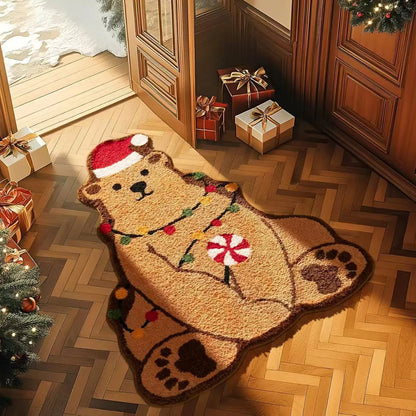 Square Christmas-themed hallway mat with non-slip backing on wooden floor