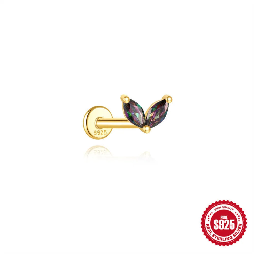 S925 sterling silver flat head thread piercing earring with super shiny rainbow stone, gold colour.