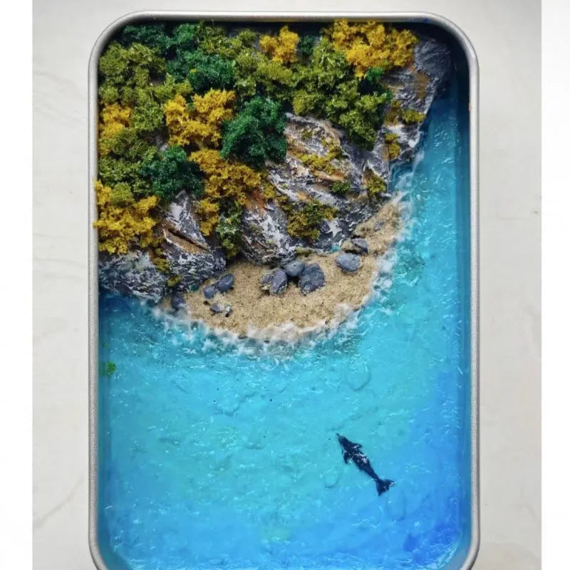 DIY bamboo marine landscape handmade model ornament with whales and sand details, approximately 15-20cm long