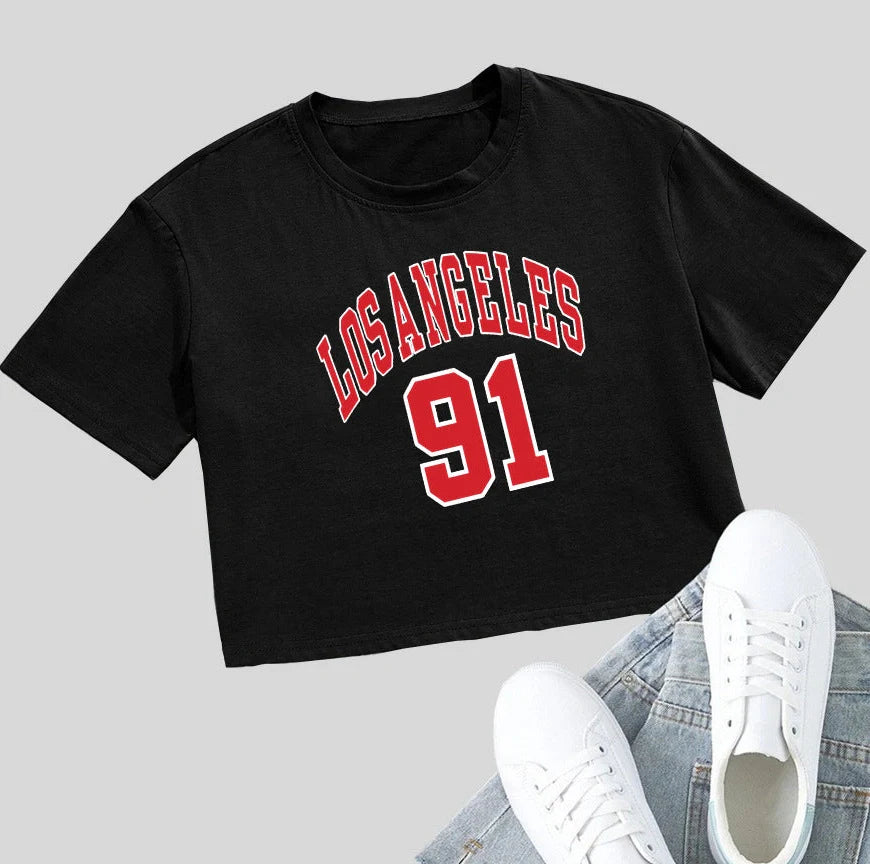 Personalised English letters summer t-shirt with exposed navel design in black or white with custom text printing