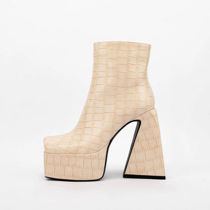 Women's ankle boots with 8cm heel in red, green, black, beige, or brown colours, artificial PU upper
