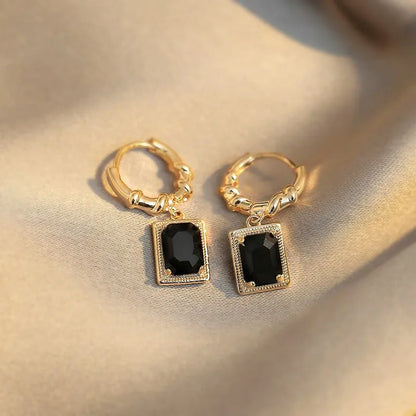 French Court Retro Black Zircon Earrings with quadrilateral geometric shape and copper construction