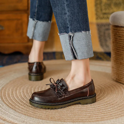 British style women's leather shoes with round toe and chunky flat heel in black or brown