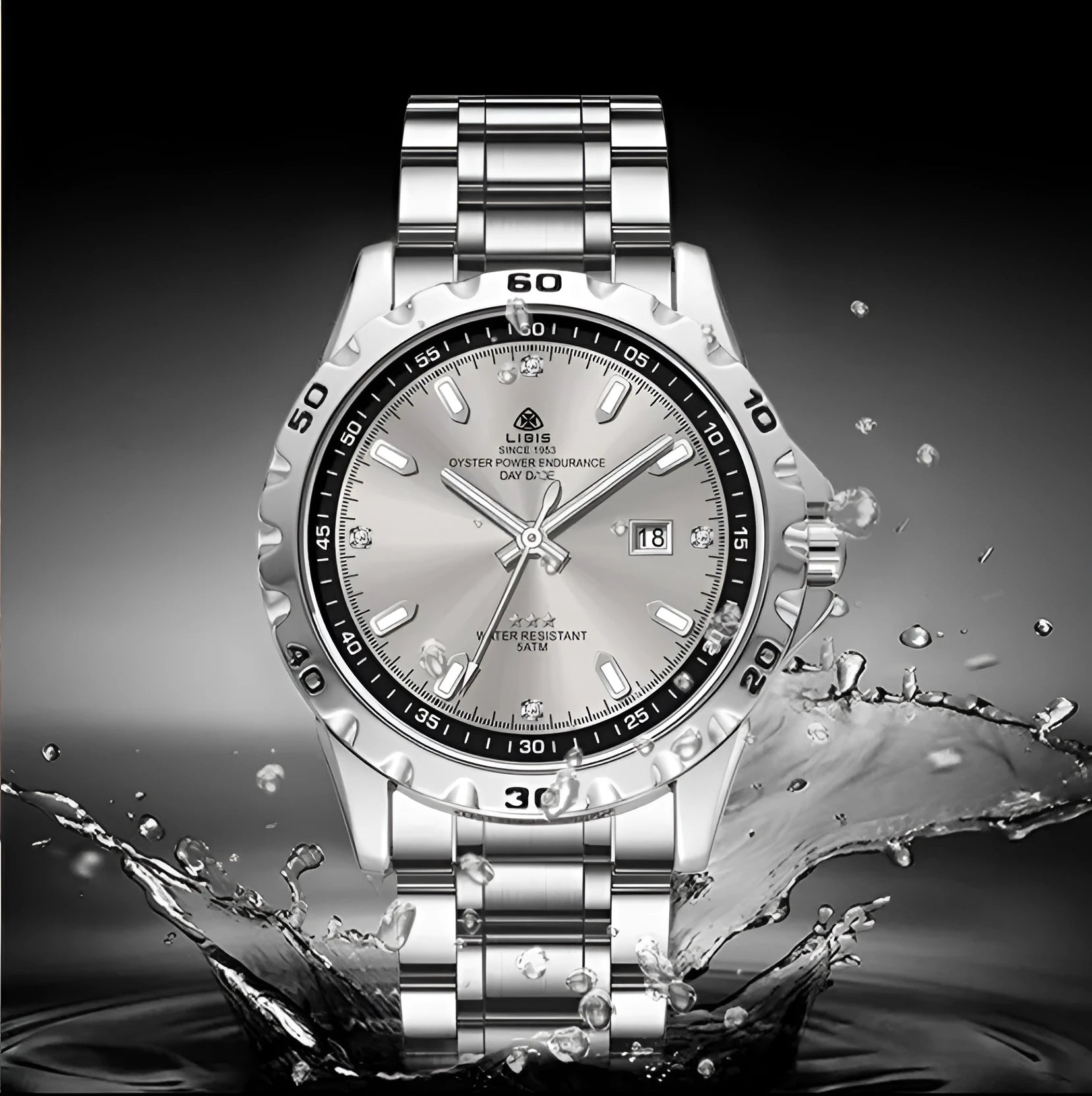 Silver men's waterproof watch with stainless steel strap and luminous grey dial.