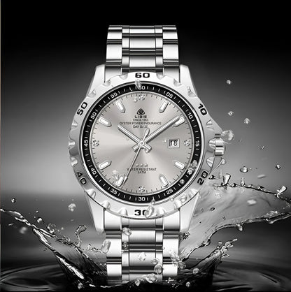 Silver men's waterproof watch with stainless steel strap and luminous grey dial.