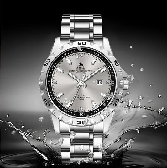 Silver men's waterproof watch with stainless steel strap and luminous grey dial.