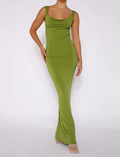 Backless milk silk sling dress with high waist and slim hip skirt in champagne colour