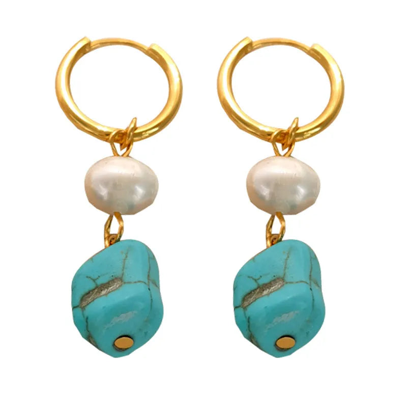 Copper clip earrings with irregular turquoise stones and cultured pearls in geometry shape