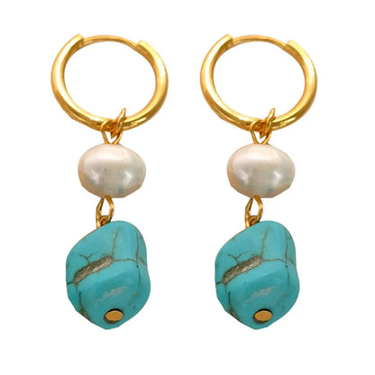 Copper clip earrings with irregular turquoise stones and cultured pearls in geometry shape