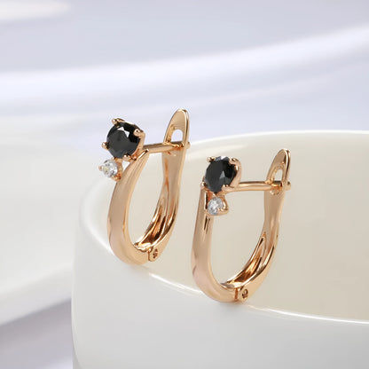 Gold geometric drop earrings with black agate gemstone inlay and retro styling