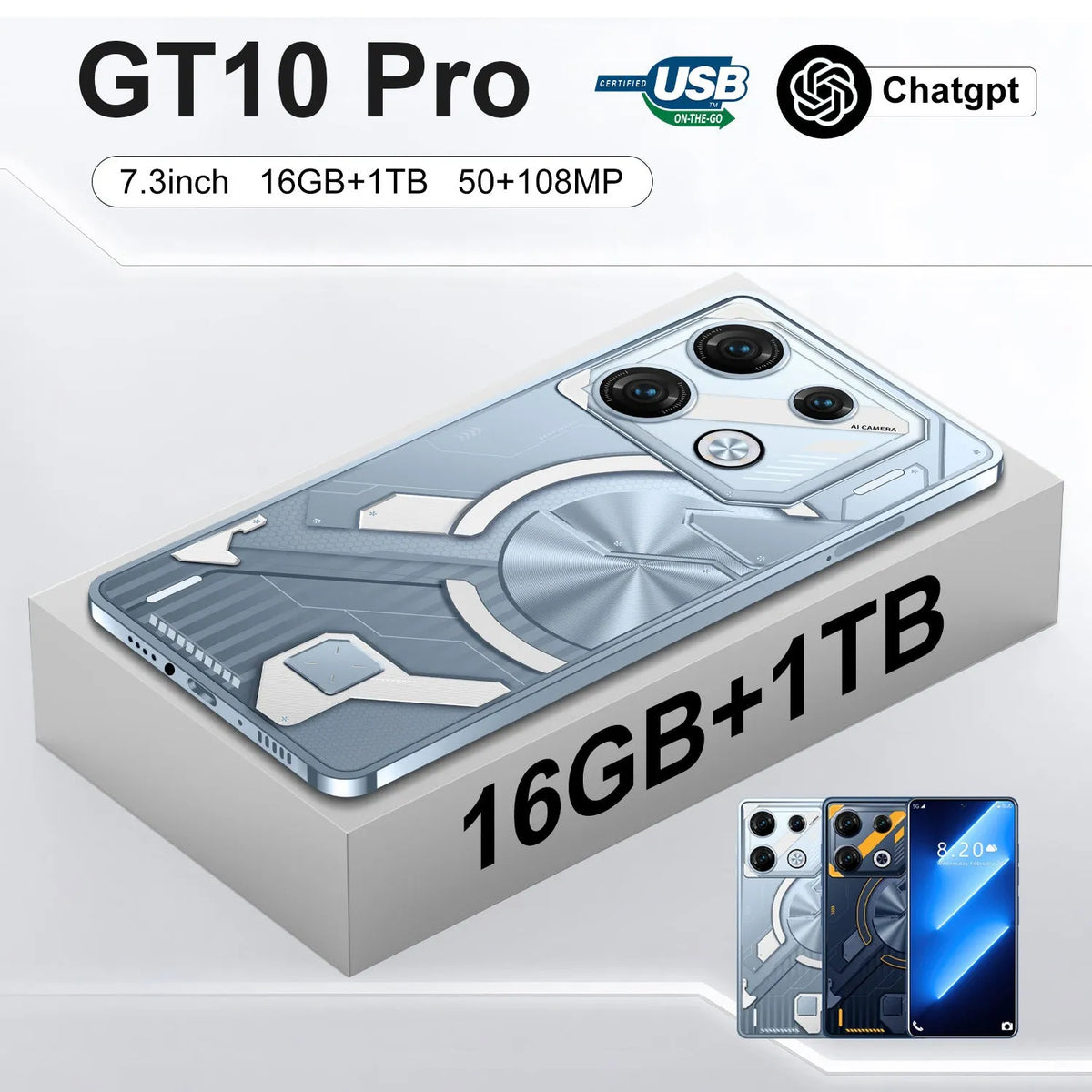 GT10 Pro Android phone in blue and silver straight plate design with over 4000mAh battery and 16GB+1TB storage