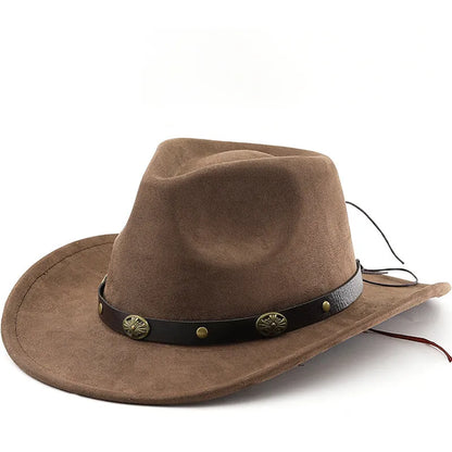 Brown leather velvet cowboy hat with curved brim and conical crown.
