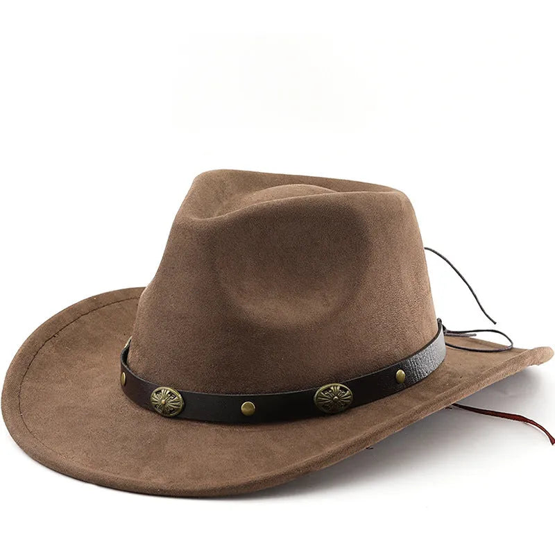 Curved Edge Western Cowboy Hat for men and women, leather velvet fabric conical crown style for sun protection and breathable wear, available in multiple colours including brown, khaki, black, and camel, size M (56-58 cm)