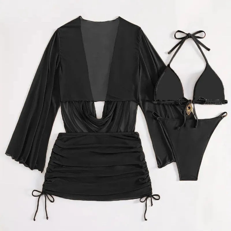 Women's dark brown lace-up front backless bikini set on a mannequin.
