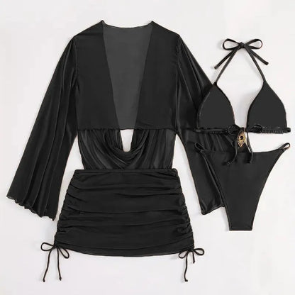 Women's dark brown lace-up front backless bikini set on a mannequin.