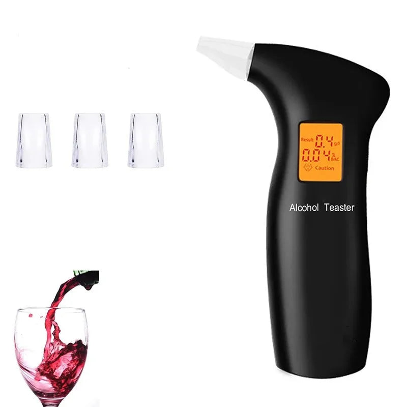 Portable orange light breath alcohol tester with replaceable mouthpieces in compact case