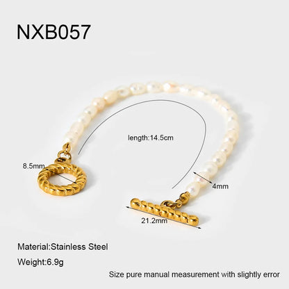 Freshwater pearl and geometric stainless steel necklace and bracelet set for women on a white background.