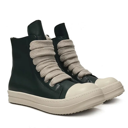 Black high-top leather sneakers with side zipper, round toe, and stitching details on genuine cowhide upper
