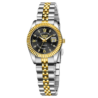 Waterproof leisure couple quartz watch in gold white colour with 10mm thickness on wrist