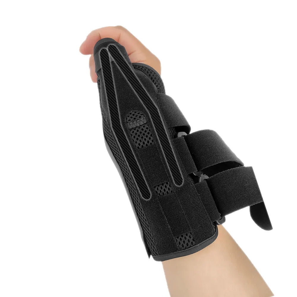 Carbon fibre sports wrist guard with thumb strap in black and grey colour scheme