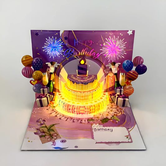 Light Music Blowing 3D pop-up cake greeting card in Chinese ink style, showing hand-folded paper construction.