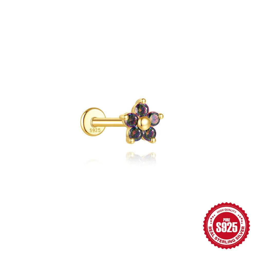S925 sterling silver flat head thread piercing earring with super shiny rainbow stone, gold colour.