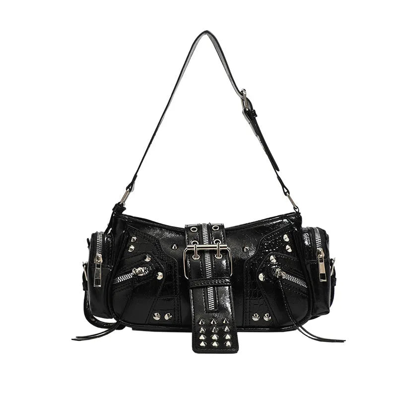Black dumpling-shaped retro women's shoulder bag with a front pocket and organiser interior.