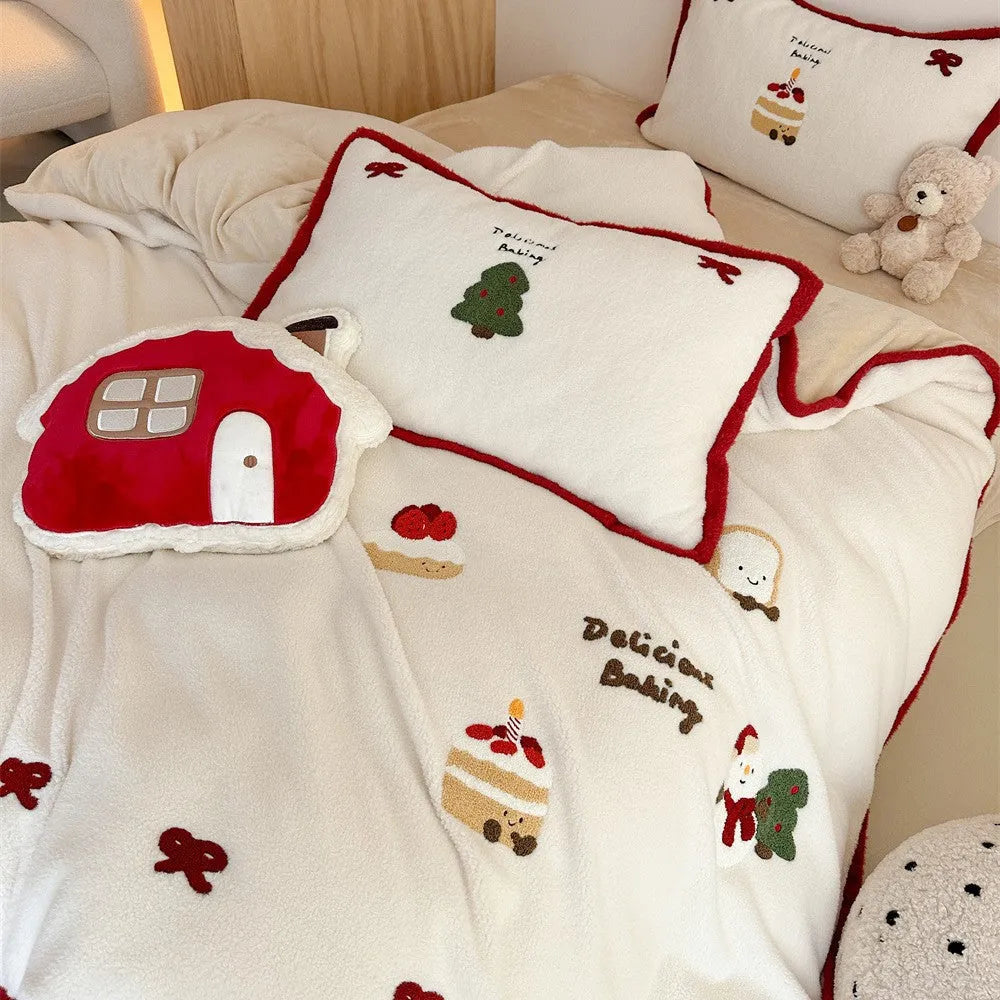 Winter Christmas cartoon four-piece bedding set with Xuefu Milk Pastry pattern on polyester fabric