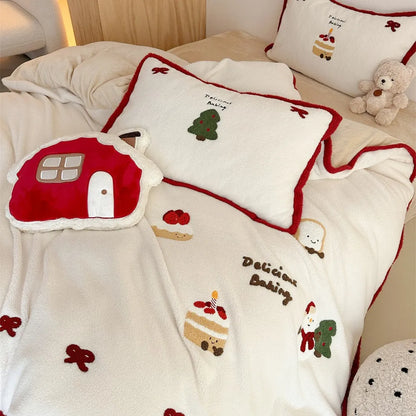 Winter Christmas cartoon four-piece bedding set with Xuefu Milk Pastry pattern on polyester fabric