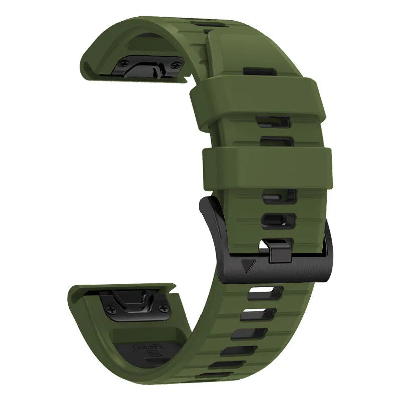 Two-colour quick release silicone strap for Garmin Fenix watches in Army Green Black and other colour options.