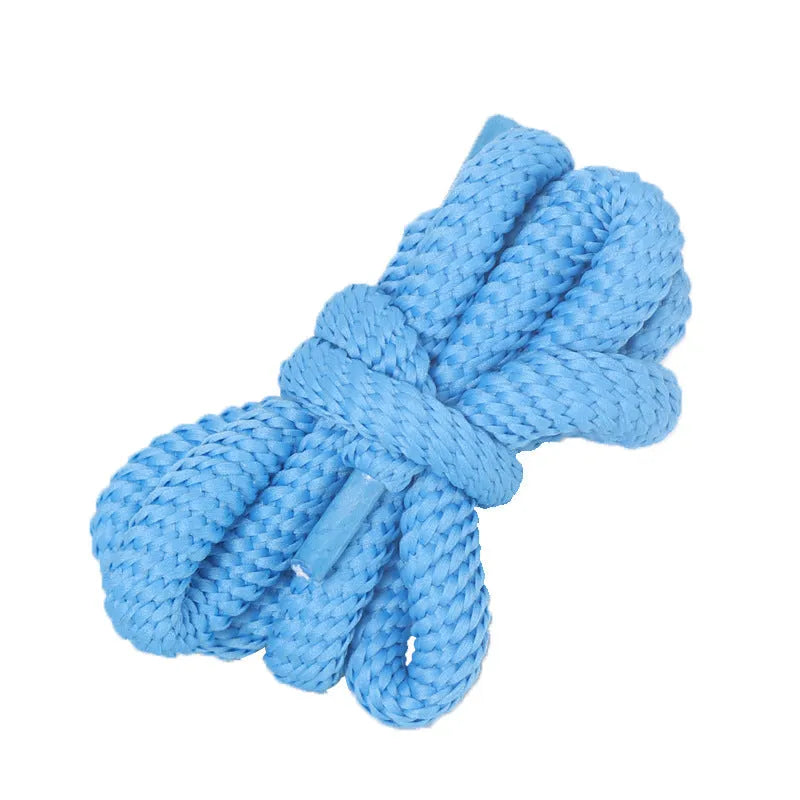 Round braided cotton shoelaces in multiple colours showing width and length options on a white background.