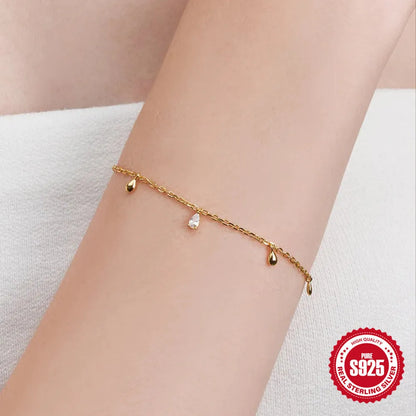 Gold coloured S925 sterling silver women's bracelet with water drop diamond pendant
